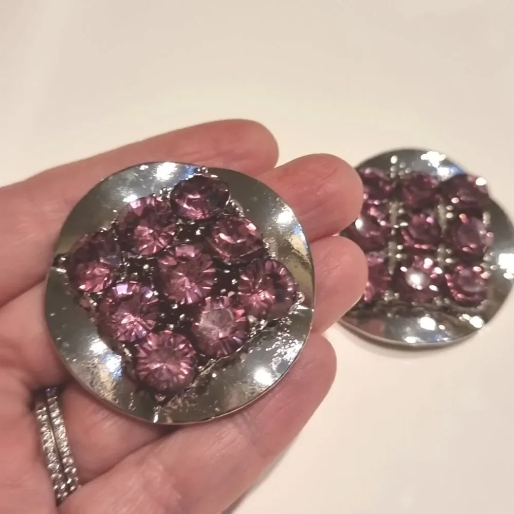 New ZARA  Exaggerated silvertone circular statement earrings with purple rhinest